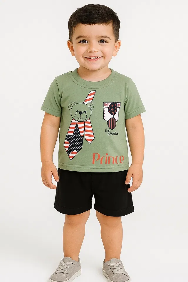 Solid Cotton Blend Top & Bottom Set for Boys (Pista, 6-12 M)