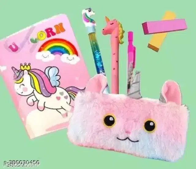 Unicorn Theme Diary with Pencil Case, 3 Pcs Pens & 2 Set Sticky Notes (Multicolor, Set of 4)