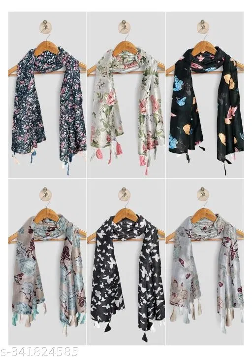 Poly Chiffon Printed Scarves for Women, Multicolor, Pack of 6
