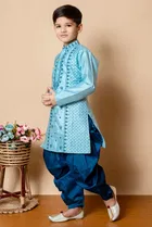 Dupion Silk Embroidery Kurta with Dhoti for Boys, Blue 