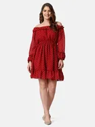 Georgette Polka Dots Dress for Women (Red, M)