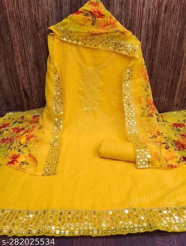 Embroidered Unstitched Suit for Women (Yellow, 2.25 m)