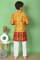 Dupion Silk Printed Kurta with Payjama for Boys, Yellow & White 