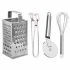 Oc9 स्टेनलेस स्टील 4 in 1 स्लाइसर एंड ग्रेटर & यूटिलिटी पकड़ & पिज़्ज़ा कटर & एग व्हिस्क फॉर किचन टूल सेट