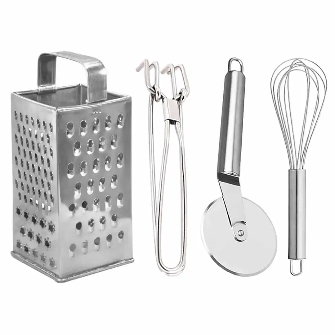 Oc9 स्टेनलेस स्टील 4 in 1 स्लाइसर एंड ग्रेटर & यूटिलिटी पकड़ & पिज़्ज़ा कटर & एग व्हिस्क फॉर किचन टूल सेट