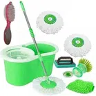 Plastic Bucket Spin Mop with 3 Refills Set & Cleaning Accessories Combo (Green, Set of 5)