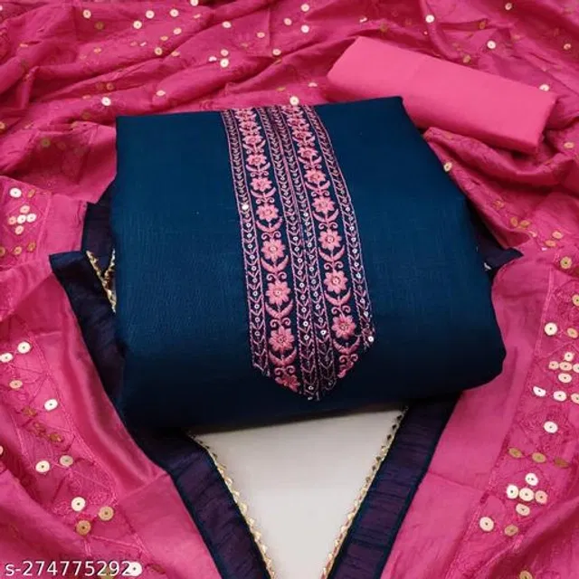 Cotton Embroidered Unstitched Suit for Women (Navy Blue & Pink , 2.25 m)