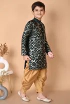Dupion Silk Embellished Kurta with Dhoti for Boys, Bottle Green & Beige 