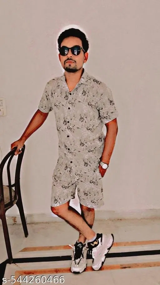 Rayon Printed Top & Bottom Set for Men, Beige (M)