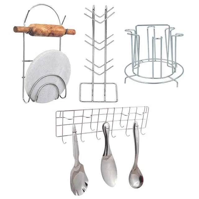 Stainless Steel Cup Stand Cup Holder & Glass Stand & Chakla Belan Stand & Hook Rail For Kitchen (Set of 4) (OC-043)