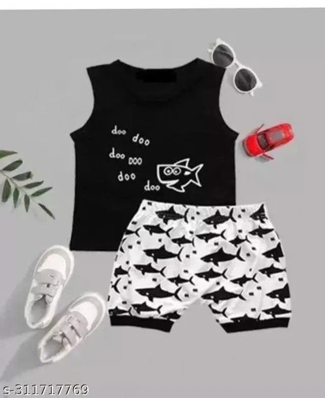 Cotton Clothing Set for Kids (Black & White, 0-3 Months)