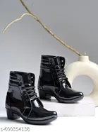 Shoetopia Solid Patent Leather Heeled Boots Black 