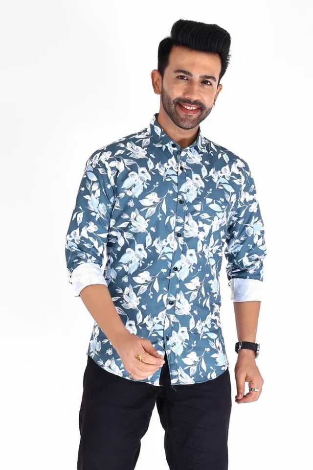Cotton Blend Printed Shirt for Men, Navy Blue (XXL)