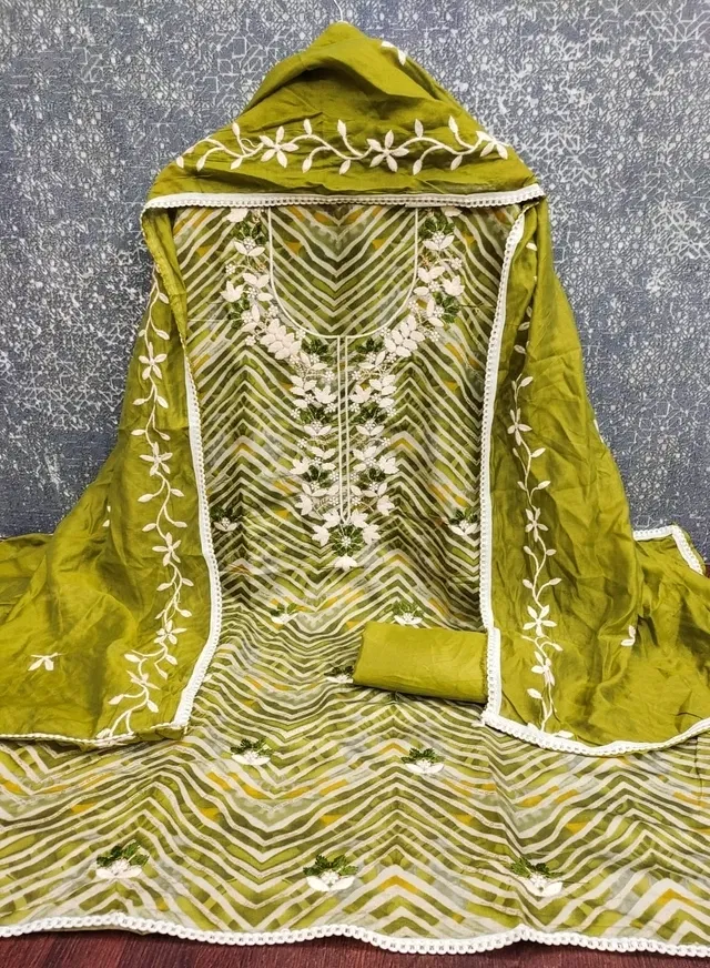Chanderi Cotton Embroidered Unstitched Suit Fabric, Green