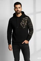 Fleece Printed Hoodie for Men ,Black 