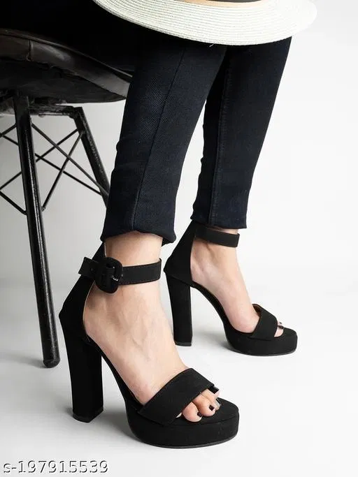 Shoetopia Black Suede Block Heel Open Toe Mid-Top Sandals (IND-5)