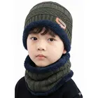 Woolen Solid Cap with Neck Wramer for Kids, Olive