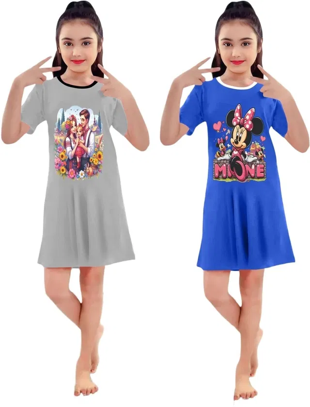 Graphic Print Shift Dress for Girls, Pack of 2 (Grey & Blu, 3-4 Y)