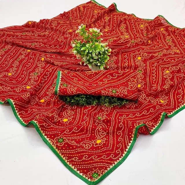 Georgette Bandhini Saree for Women (Red)