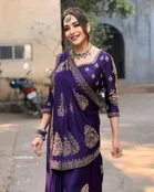 Georgette Embroidered Saree for Women, Blue 