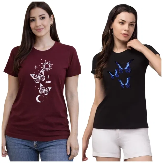 Cotton Blend T-shirt for Women, Black & Maroon, Pack of 2 (XL)