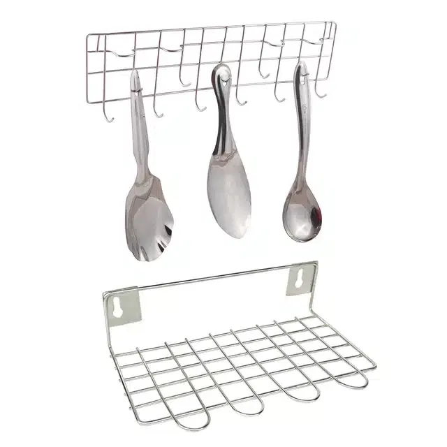 Stainless Steel Wall Mounted Ladle Rail & Utensil Stand (Set of 2, Silver)