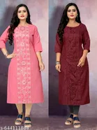 Floral Embroidered Cotton Blend Kurti for Women, Pack of 2 