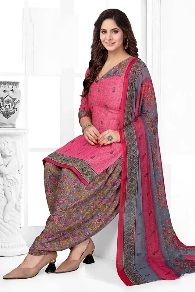 Crepe Floral Punjabi Suit for Women (Pink, Pink)