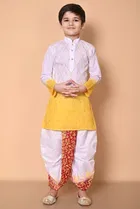 Cotton Embellished Kurta with Dhoti for Boys, Yellow & White 