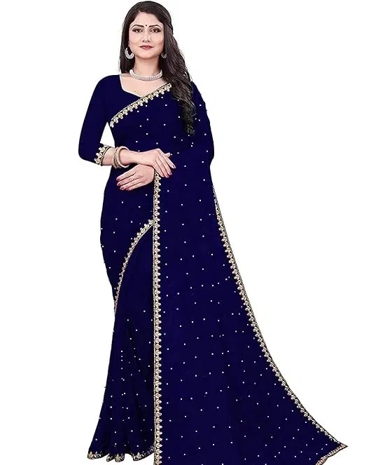 Lycra Beaded Saree for Women (Navy Blue)