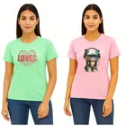 Cotton Blend T-shirt for Women, Green & Pink, Pack of 2 