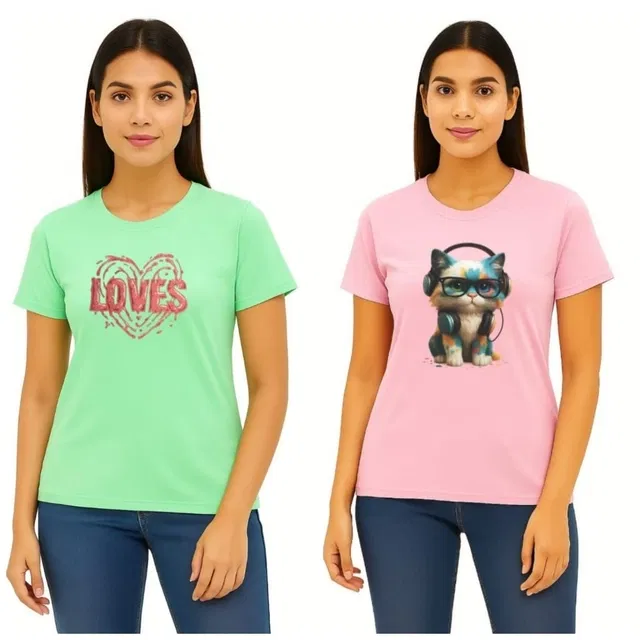 Cotton Blend T-shirt for Women, Green & Pink, Pack of 2 (XL)