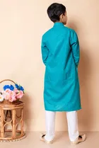 Cotton Blend Embellished Kurta with Payjama for Boys, Teal & White 