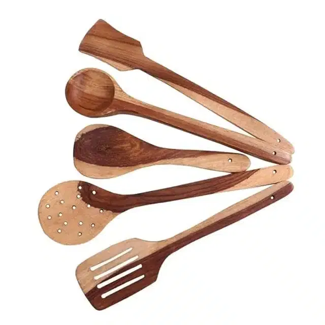 Wooden Cooking & Serving Spoons (Brown, Set of 5)