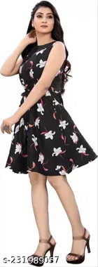 Crepe Printed Flared Dress for Women 
