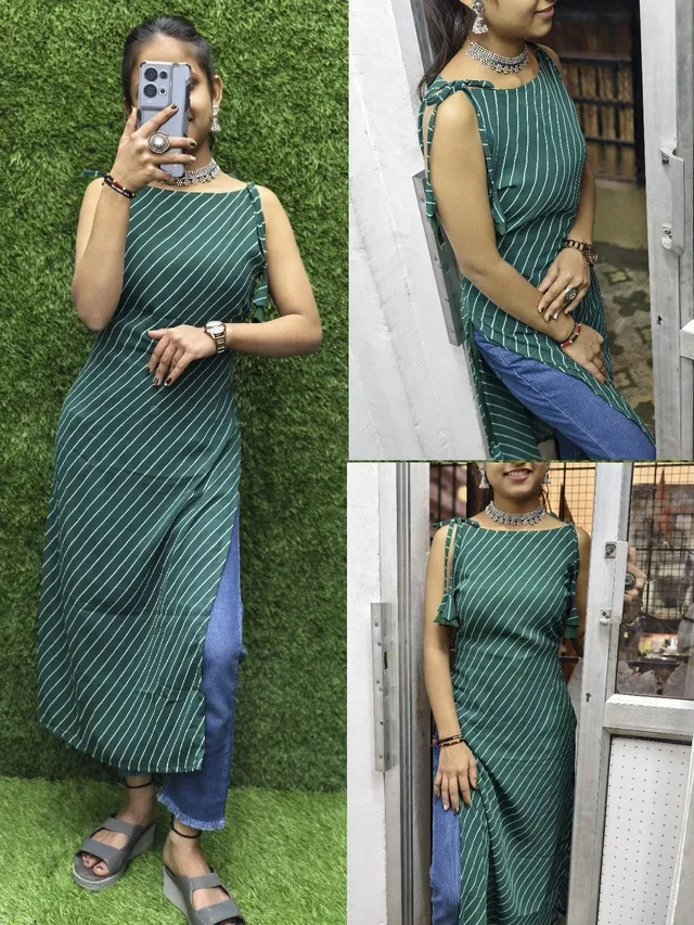Leheriya Print Georgette Kurti for Women (Green, S)