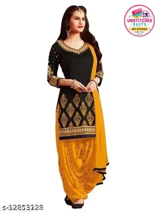Crepe Printed Unstitched Suits Fabric for Women (Black & Yellow)