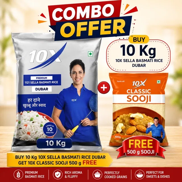 10x प्रीमियम सेला दुबार चावल 10 kg + 10X क्लासिक सूजी 500 g फ्री
