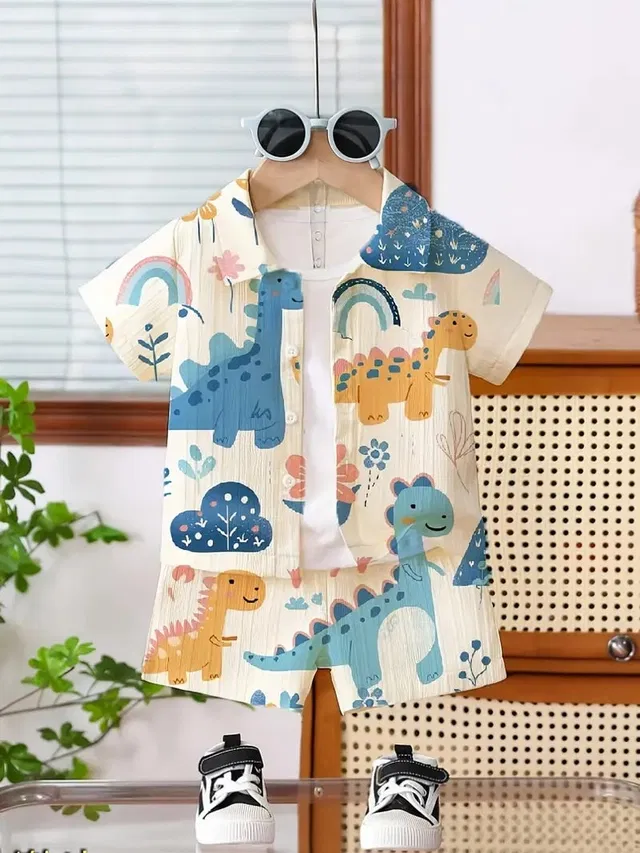 Poly Cotton Animal Print Clothing Set for boys, White (3-4 Years)