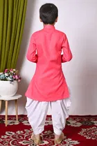 Cotton Embellished Kurta with Dhoti for Boys, Pink & White 