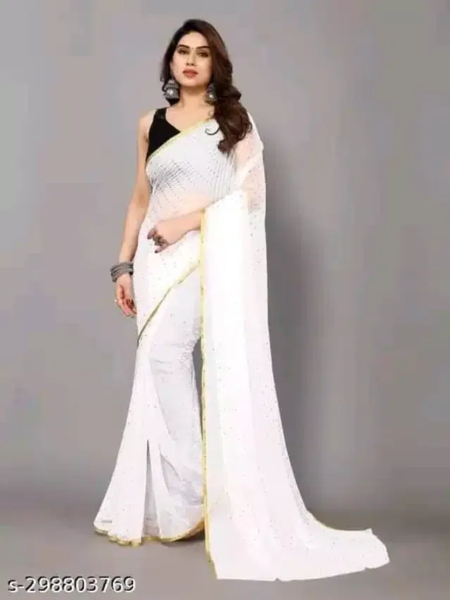 Chiffon Printed Saree for Women (White, 6.1 m)