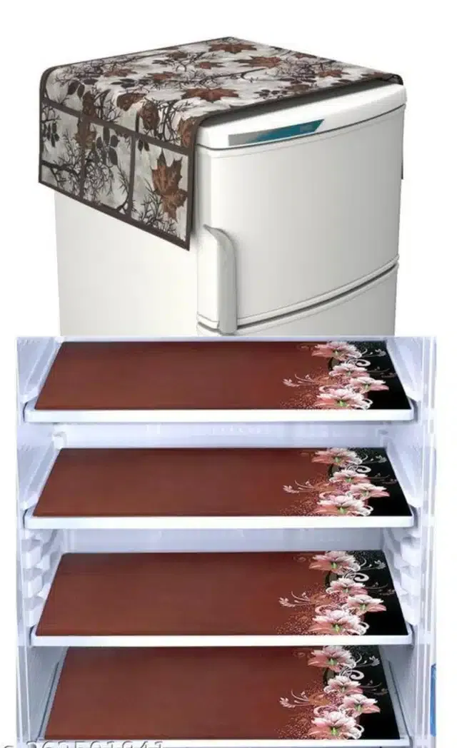 Knit Printed Fridge 4 Pcs Mat with Top Cover (Brown, Set of 1)