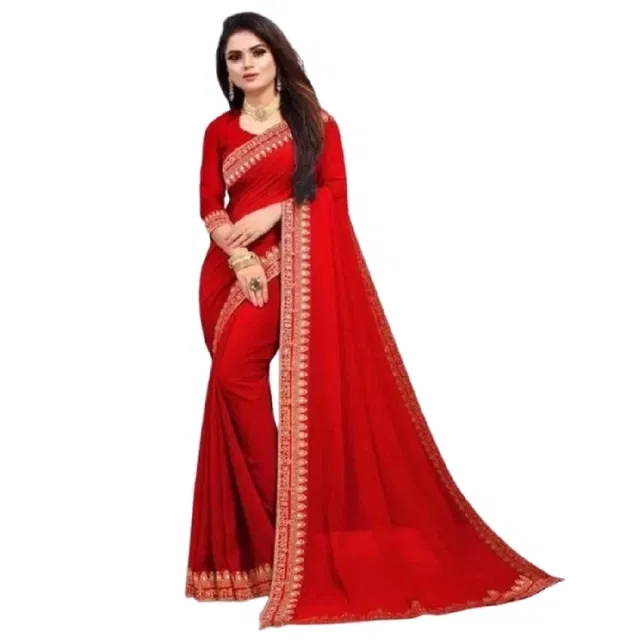 Vichitra Silk Lace Saree for Women (Red)