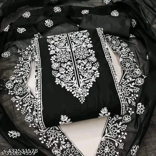 Chanderi Cotton Punjabi Suits for Women (Black, Un Stitched)