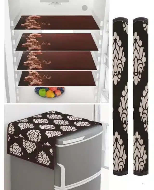 Knit Printed Fridge 4 Pcs Mat with 2 Pcs Handle & Top Cover (Brown, Set of 1)
