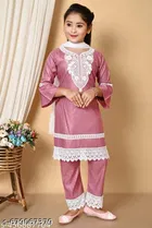 Embellished Lace Rayon Kurta Set for Girls 
