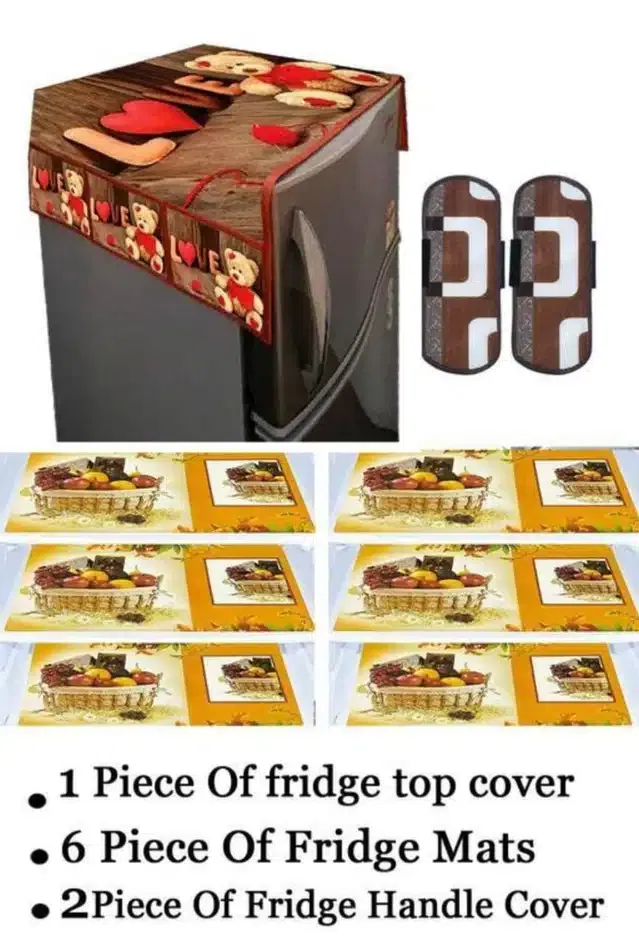 Knit Printed Fridge 6 Pcs Mat with 2 Pcs Handle & Top Cover (Multicolor, Set of 1)