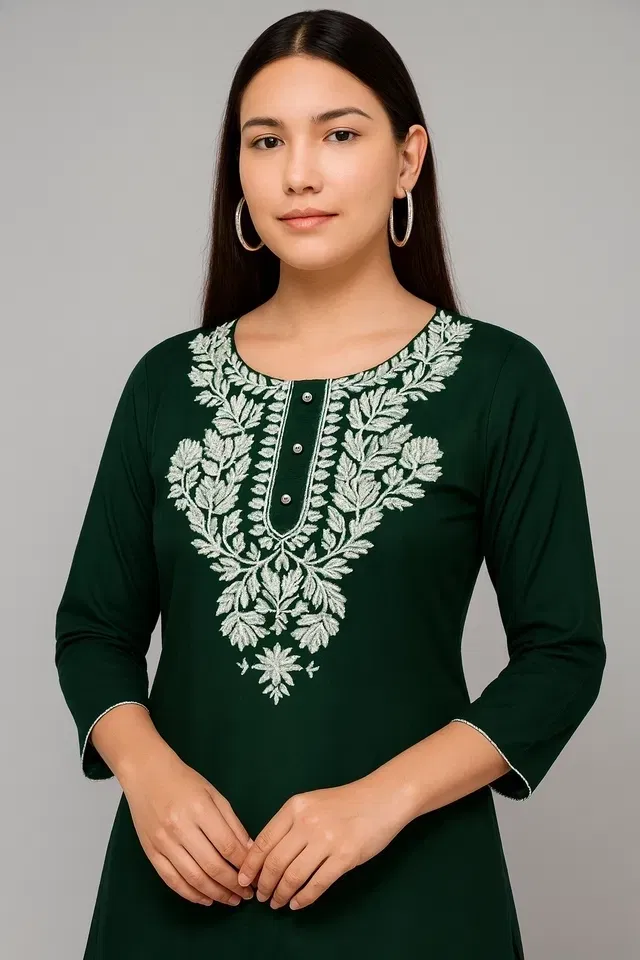 Cotton Embroidered Short Kurti for Women (Green, M)