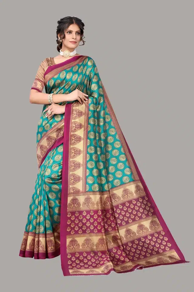 Printed Saree with Blouse Piece for Women (Teal Blue, 6.3 m)