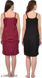 Satin Solid Nightdress for Women, Black & Dark Pink, Pack of 2 